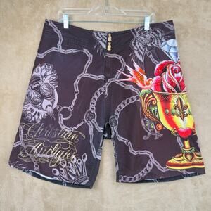 Y2K Vtg Christian Audigier‎ Swim Trunks Mens 38 Black Board Shorts Bling Beach